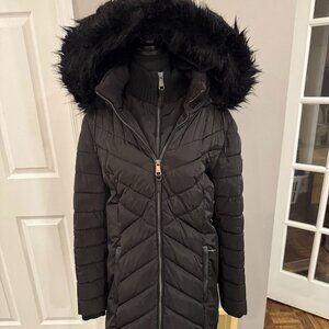 DKNY Long Puffer Jacket w/ Built-in Bib & Hood, Size M
